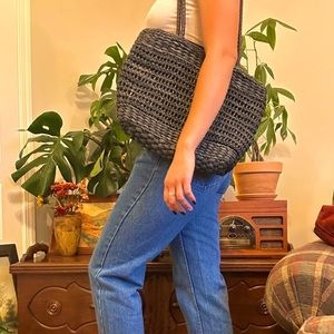 Black/grey straw tote bag vintage